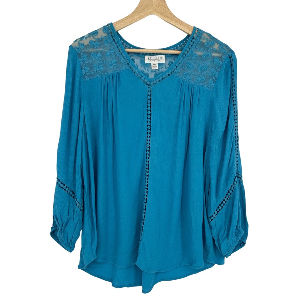 Studio Petite by JPR Aqua Blue Top Embroidered Lace Floral Blouse